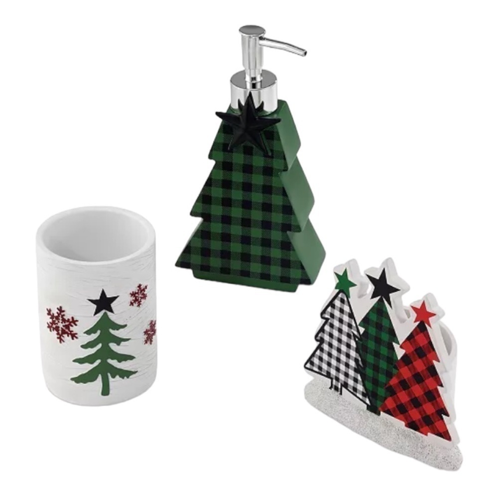 Avanti Plaid Trees Lotion, Tumbler, Toothbrush Holder 3 PC Bath Accessories NWT